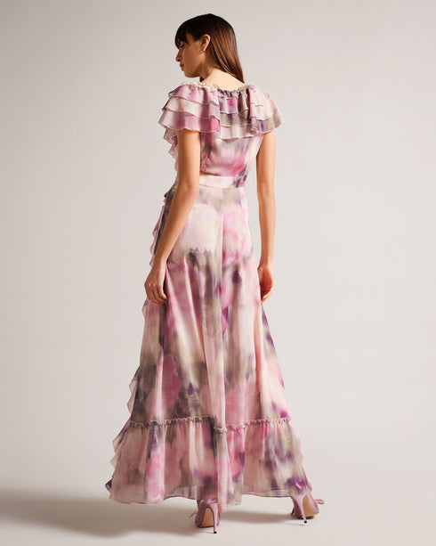 KARENIE-Dresses-The softest and most graceful maxi dress, KARENIE features a blurred floral print and finished with stunning waterfall frills that cascade down the front. Style yours with strappy sandals and minimal jewellery for an effortless look that will take you effortlessly through the season.The fabric of this product is made with 55% recycled polyester. Using recycled polyester helps divert plastic waste from ending in landfills, and helps us to reduce our dependence on virgin materials. Maxi dress